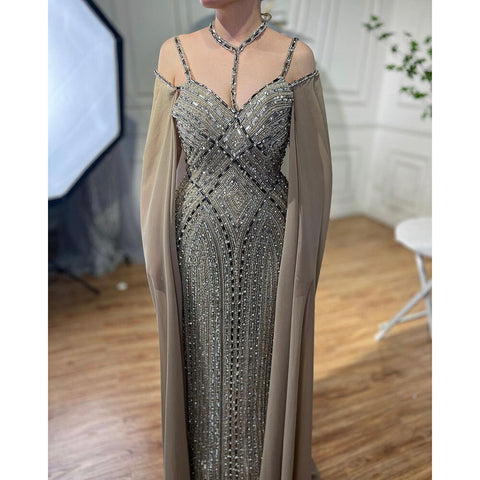 Caramel Mermaid Cape Sleeves Evening Dresses Luxury Beaded Arabic Party Gowns 2025 For Women LA72053A