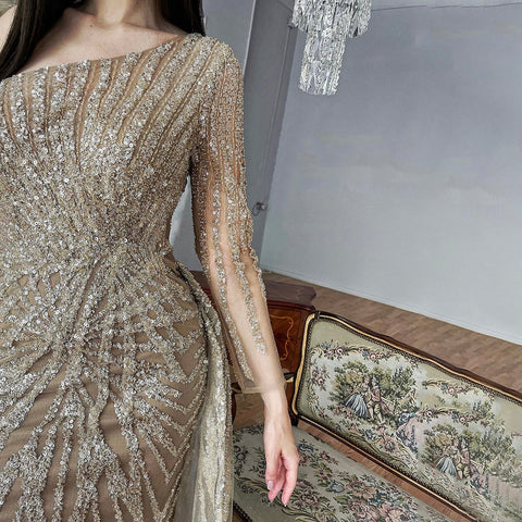 Caramel Mermaid One-Shoulder Llong Sleeves Detachable Skirt Evening Dresses Gowns 2025 Elegant Beaded Luxury LA71677