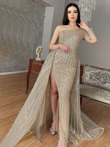 Caramel Mermaid One-Shoulder Llong Sleeves Detachable Skirt Evening Dresses Gowns 2025 Elegant Beaded Luxury LA71677