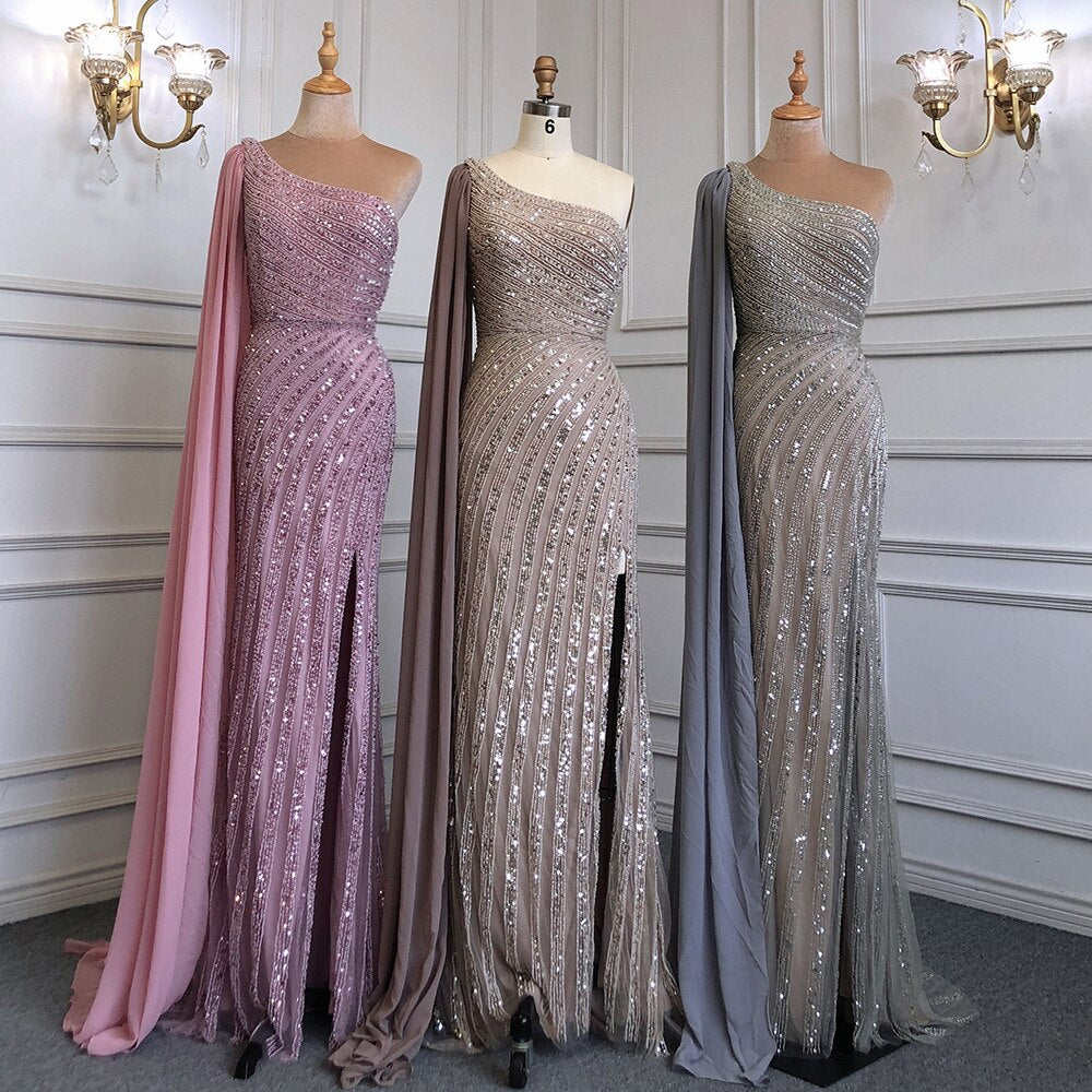 Caramel Mermaid Sexy High Split Cape Sleeve Beaded Luxury Evening Dresses Gowns 2025 For Women Wedding Party LA71708