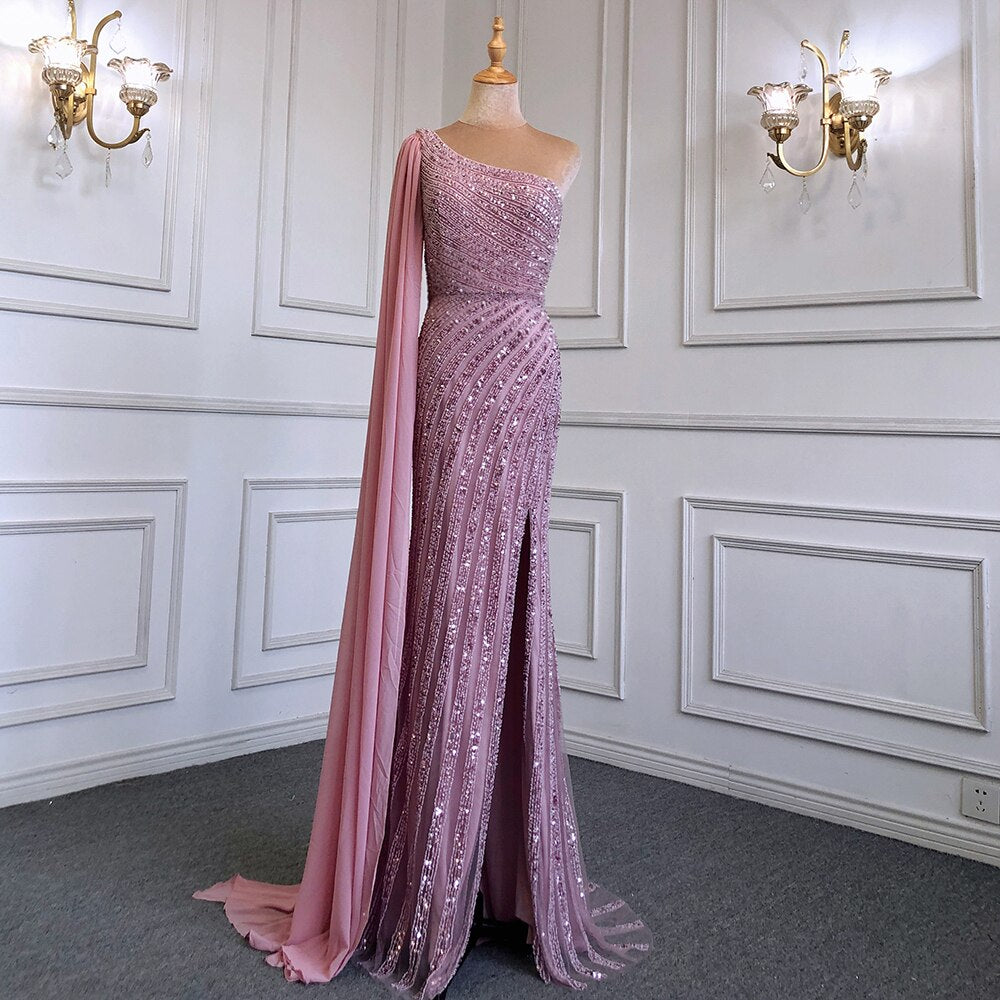 Caramel Mermaid Sexy High Split Cape Sleeve Beaded Luxury Evening Dresses Gowns 2025 For Women Wedding Party LA71708
