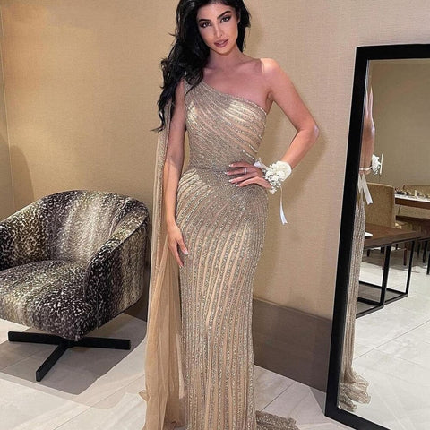 Caramel Mermaid Sexy High Split Cape Sleeve Beaded Luxury Evening Dresses Gowns 2025 For Women Wedding Party LA71708