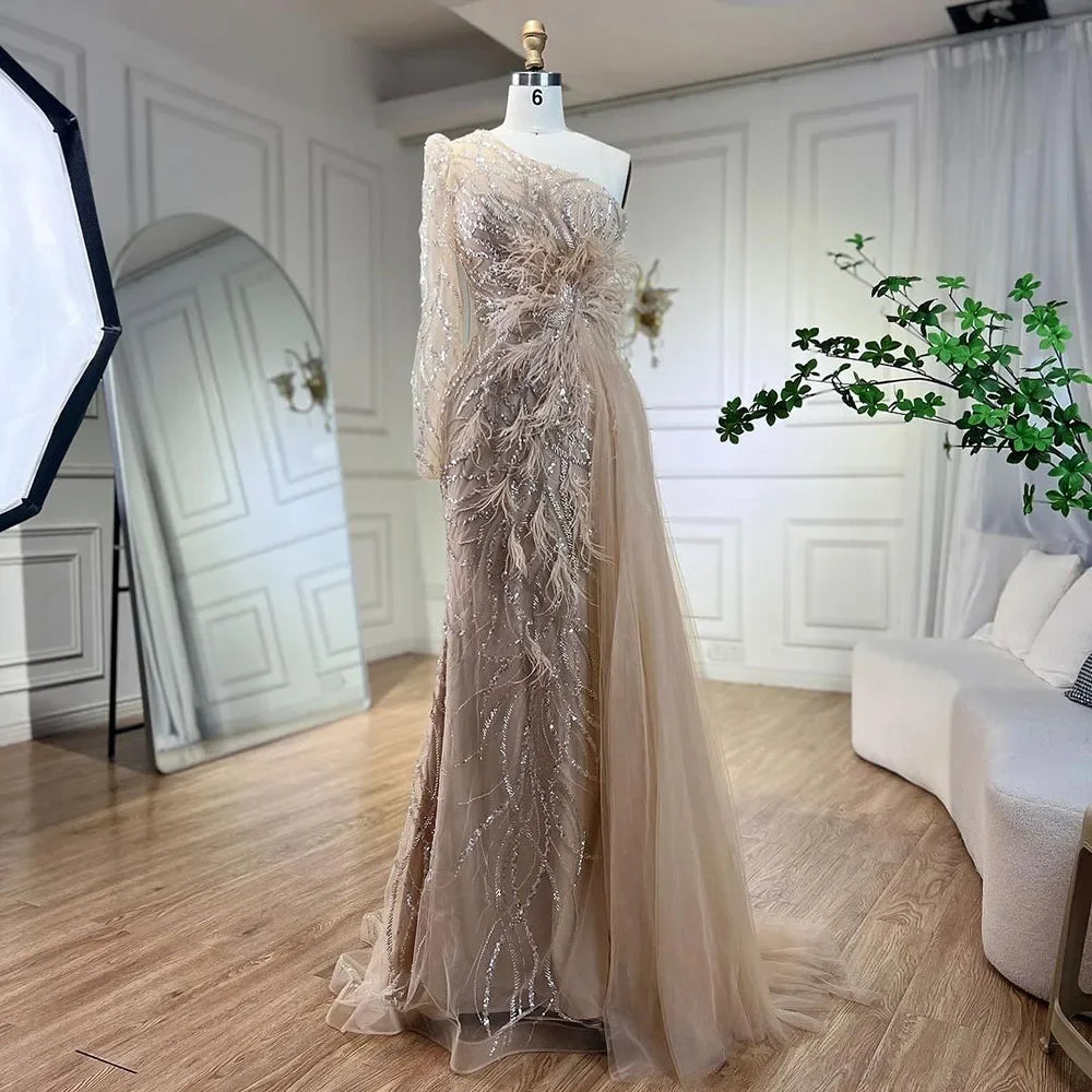 Caramel Mermaid With Overskirt One Shoulder Beaded Feathers Evening Dresses Gowns For Women Party 2025 LA71789A