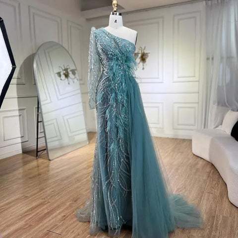 Caramel Mermaid With Overskirt One Shoulder Beaded Feathers Evening Dresses Gowns For Women Party 2025 LA71789A