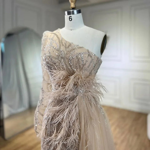 Caramel Mermaid With Overskirt One Shoulder Beaded Feathers Evening Dresses Gowns For Women Party 2025 LA71789A