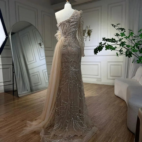 Caramel Mermaid With Overskirt One Shoulder Beaded Feathers Evening Dresses Gowns For Women Party 2025 LA71789A