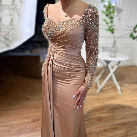 Caramel Muslim Mermaid Elegant Heartsweet Overskirt Luxury Beaded Evening Dresses Gowns 2025 For Women Party LA72025