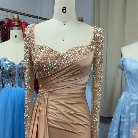 Caramel Muslim Mermaid Elegant Heartsweet Overskirt Luxury Beaded Evening Dresses Gowns 2025 For Women Party LA72025