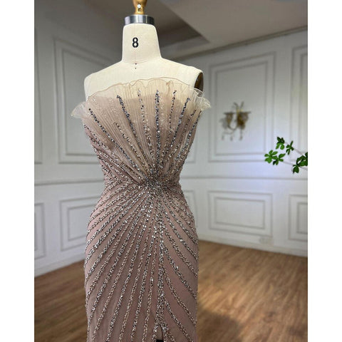 Caramel Sexy High Split Off Shoulder Mermaid Evening Dresses Beaded Gowns 2025 For Women Wedding Party LA72049