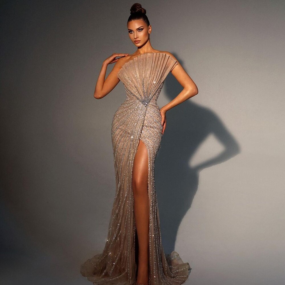 Caramel Sexy High Split Off Shoulder Mermaid Evening Dresses Beaded Gowns 2025 For Women Wedding Party LA72049