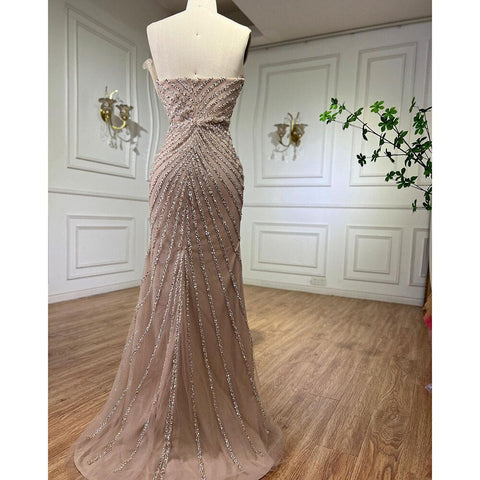 Caramel Sexy High Split Off Shoulder Mermaid Evening Dresses Beaded Gowns 2025 For Women Wedding Party LA72049