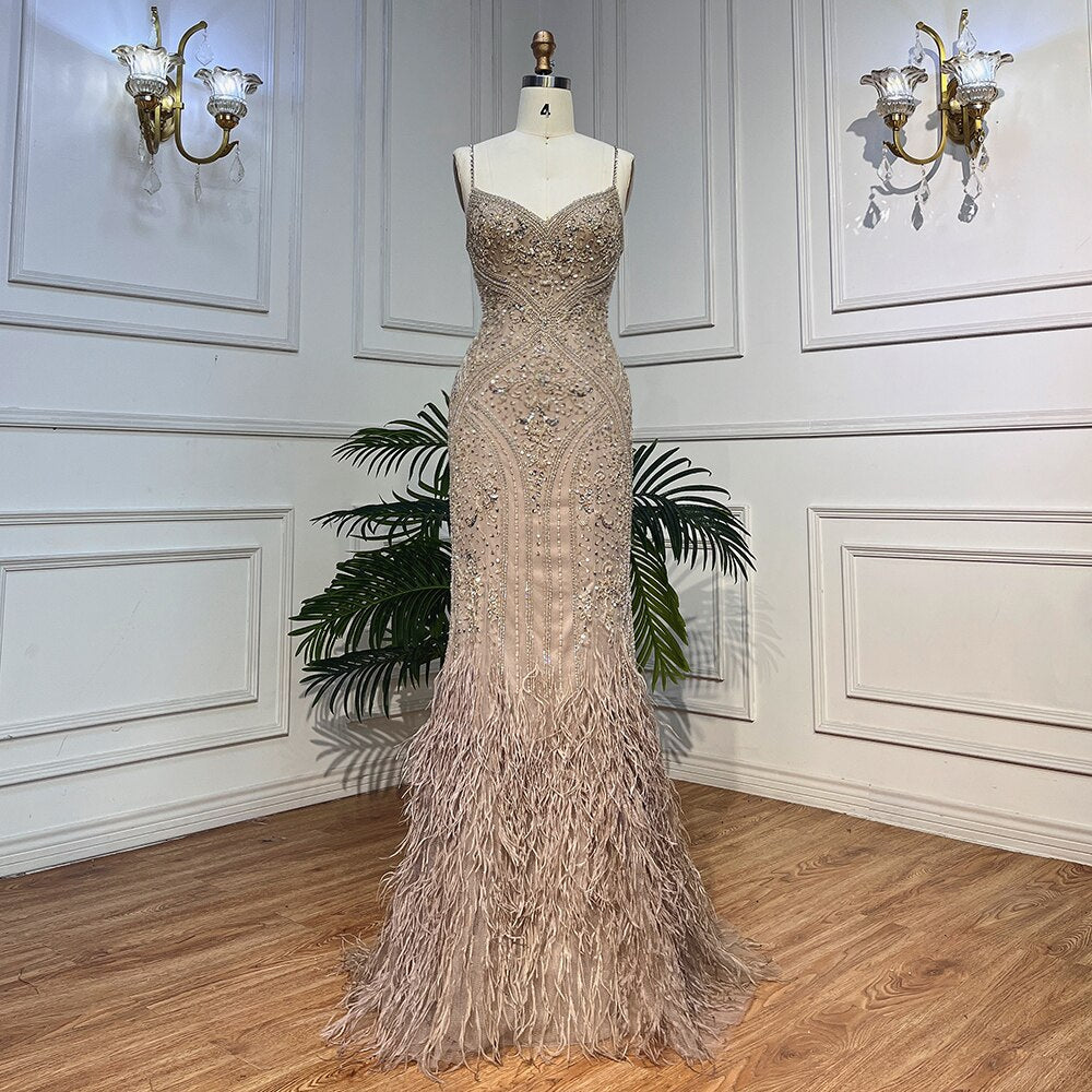 Carameml Mermaid Elegant Sexy Spaghetti Feather Beaded Evening Dresses  Gowns 2025 For Woman Party LA72025