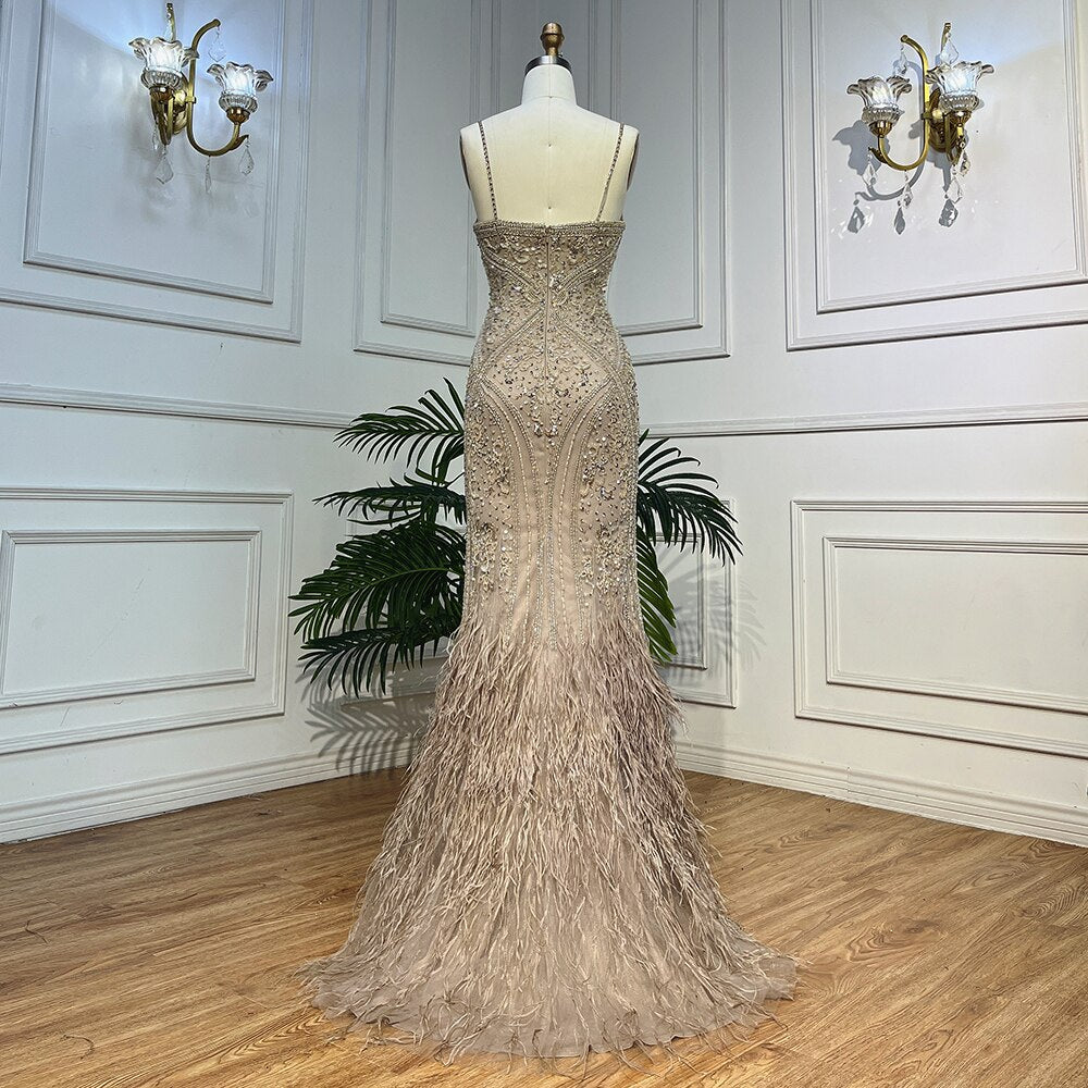 Carameml Mermaid Elegant Sexy Spaghetti Feather Beaded Evening Dresses  Gowns 2025 For Woman Party LA72025