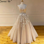 Champagne A-Line Sexy Prom Dresses 2025 Beaded Lace  Flower Graduation School Party Gowns LA71177