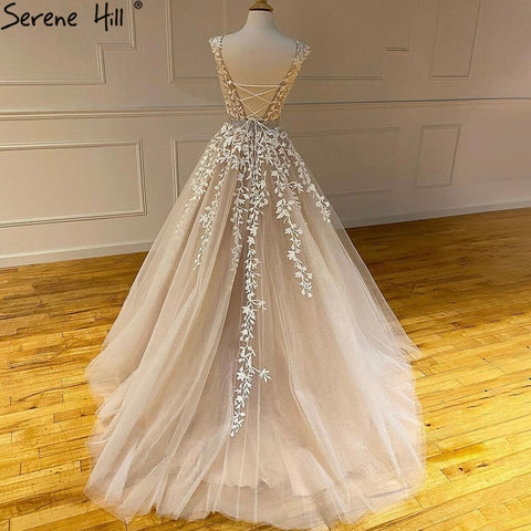 Champagne A-Line Sexy Prom Dresses 2025 Beaded Lace  Flower Graduation School Party Gowns LA71177