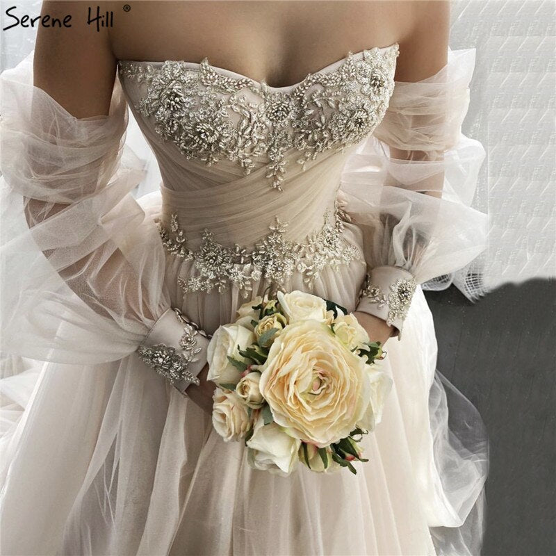 Champagne Lantern Sleeves Sexy Wedding Dresses 2025 Beading  Photography Bridal Gowns HA2329 Custom Made
