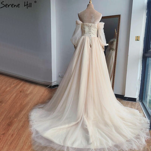 Champagne Lantern Sleeves Sexy Wedding Dresses 2025 Beading  Photography Bridal Gowns HA2329 Custom Made