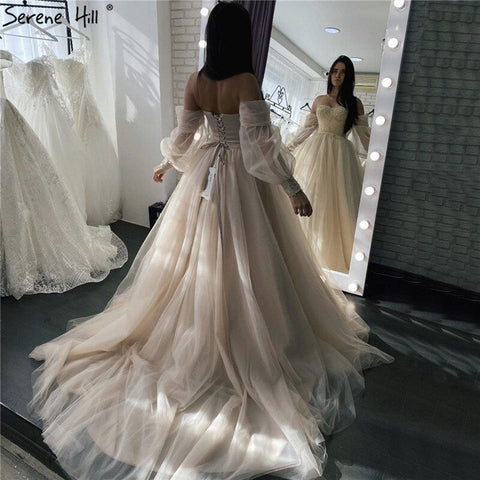 Champagne Lantern Sleeves Sexy Wedding Dresses 2025 Beading  Photography Bridal Gowns HA2329 Custom Made