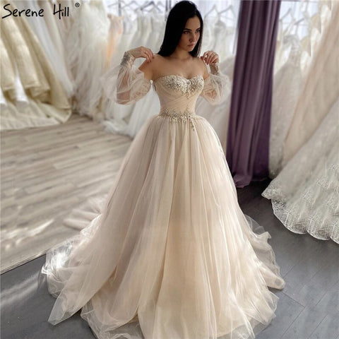 Champagne Lantern Sleeves Sexy Wedding Dresses 2025 Beading  Photography Bridal Gowns HA2329 Custom Made