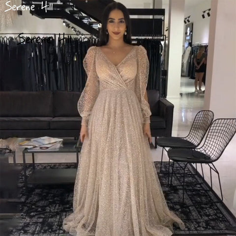 Champagne Latern Sleeve Evening Dresses Gowns 2025 A-Line Beaded Lace For Women Party LA71346