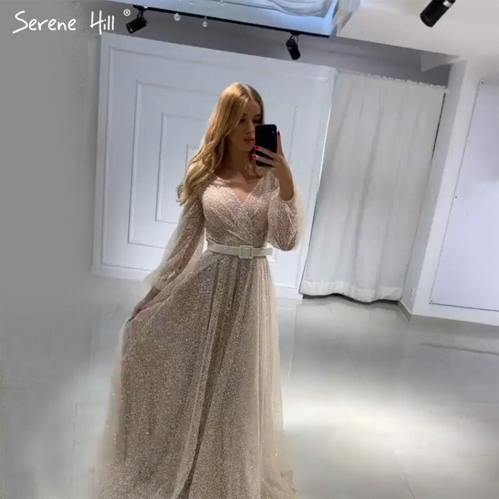 Champagne Latern Sleeve Evening Dresses Gowns 2025 A-Line Beaded Lace For Women Party LA71346