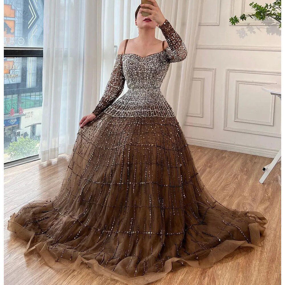 Champagne Luxury Sexy Evening Dresses Gowns 2025 Elegant Long Sleeves Beaded For Women  Party LA70292