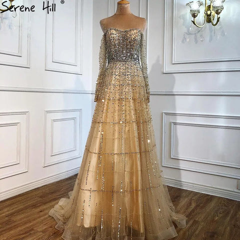 Champagne Luxury Sexy Evening Dresses Gowns 2025 Elegant Long Sleeves Beaded For Women  Party LA70292