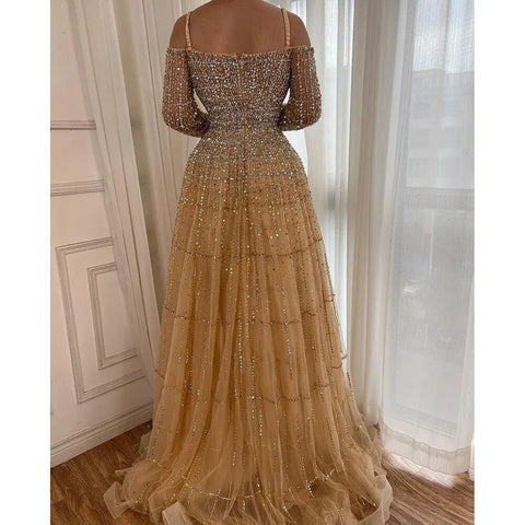 Champagne Luxury Sexy Evening Dresses Gowns 2025 Elegant Long Sleeves Beaded For Women  Party LA70292