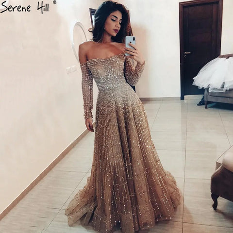 Champagne Luxury Sexy Evening Dresses Gowns 2025 Elegant Long Sleeves Beaded For Women  Party LA70292