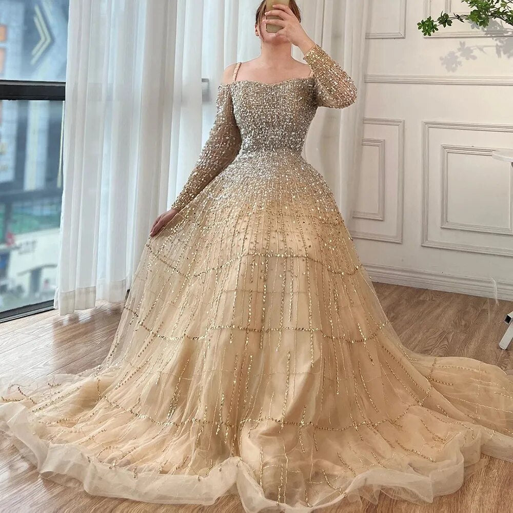 Champagne Luxury Sexy Evening Dresses Gowns 2025 Elegant Long Sleeves Beaded For Women  Party LA70292