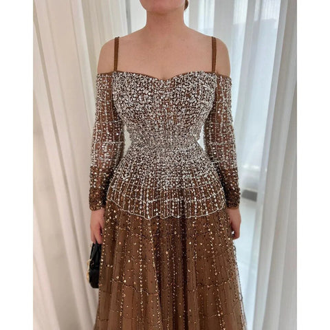 Champagne Luxury Sexy Evening Dresses Gowns 2025 Elegant Long Sleeves Beaded For Women  Party LA70292