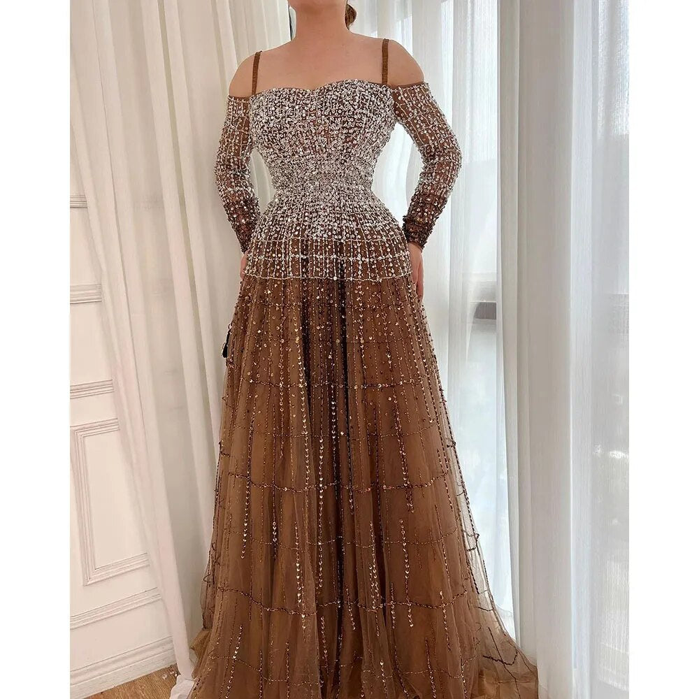 Champagne Luxury Sexy Evening Dresses Gowns 2025 Elegant Long Sleeves Beaded For Women  Party LA70292