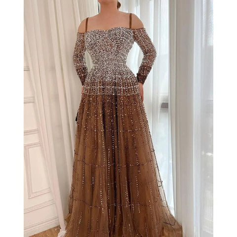 Champagne Luxury Sexy Evening Dresses Gowns 2025 Elegant Long Sleeves Beaded For Women  Party LA70292