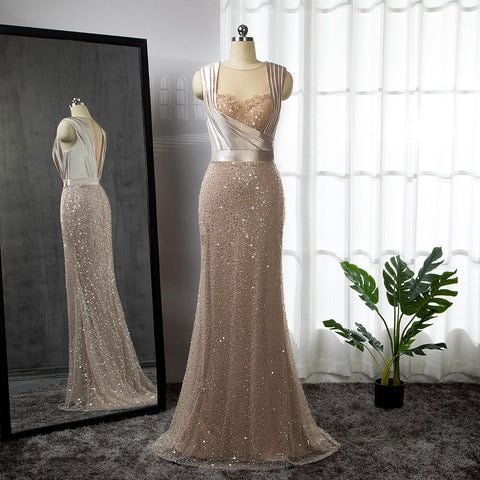 Champagne Mermaid Elegant Cape Sleeves Evening Dresses Gowns 2025 Luxury Beaded For Women Party LA71675