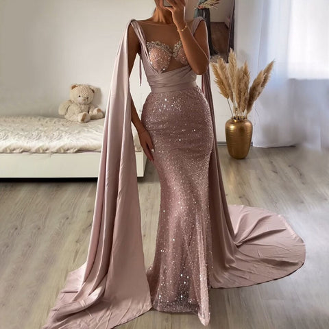Champagne Mermaid Elegant Cape Sleeves Evening Dresses Gowns 2025 Luxury Beaded For Women Party LA71675
