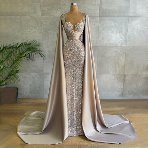 Champagne Mermaid Elegant Cape Sleeves Evening Dresses Gowns 2025 Luxury Beaded For Women Party LA71675