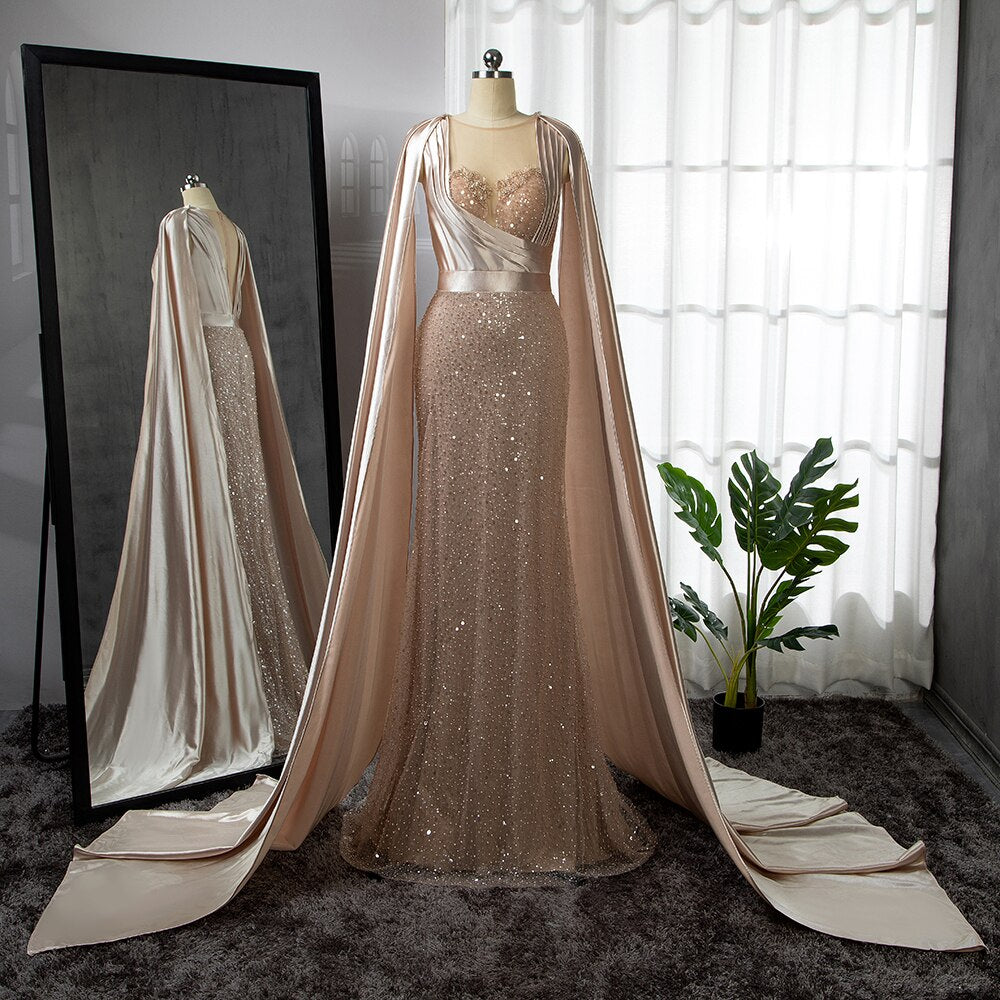 Champagne Mermaid Elegant Cape Sleeves Evening Dresses Gowns 2025 Luxury Beaded For Women Party LA71675