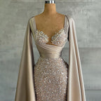 Champagne Mermaid Elegant Cape Sleeves Evening Dresses Gowns 2025 Luxury Beaded For Women Party LA71675