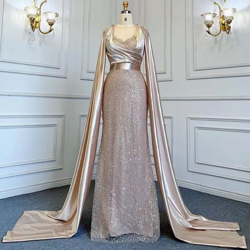 Champagne Mermaid Elegant Cape Sleeves Evening Dresses Gowns 2025 Luxury Beaded For Women Party LA71675