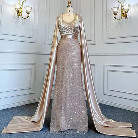 Champagne Mermaid Elegant Cape Sleeves Evening Dresses Gowns 2025 Luxury Beaded For Women Party LA71675