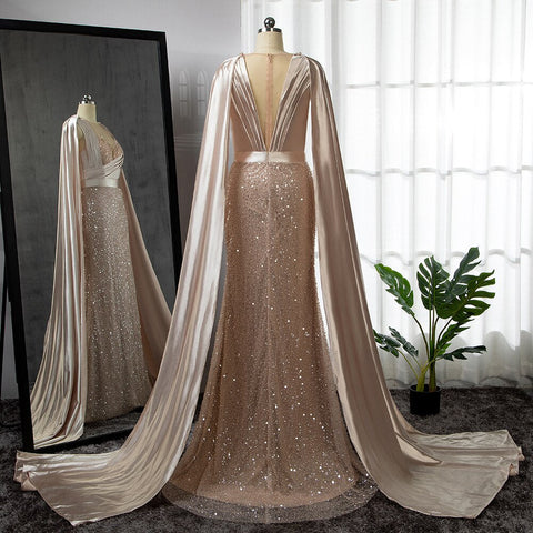 Champagne Mermaid Elegant Cape Sleeves Evening Dresses Gowns 2025 Luxury Beaded For Women Party LA71675