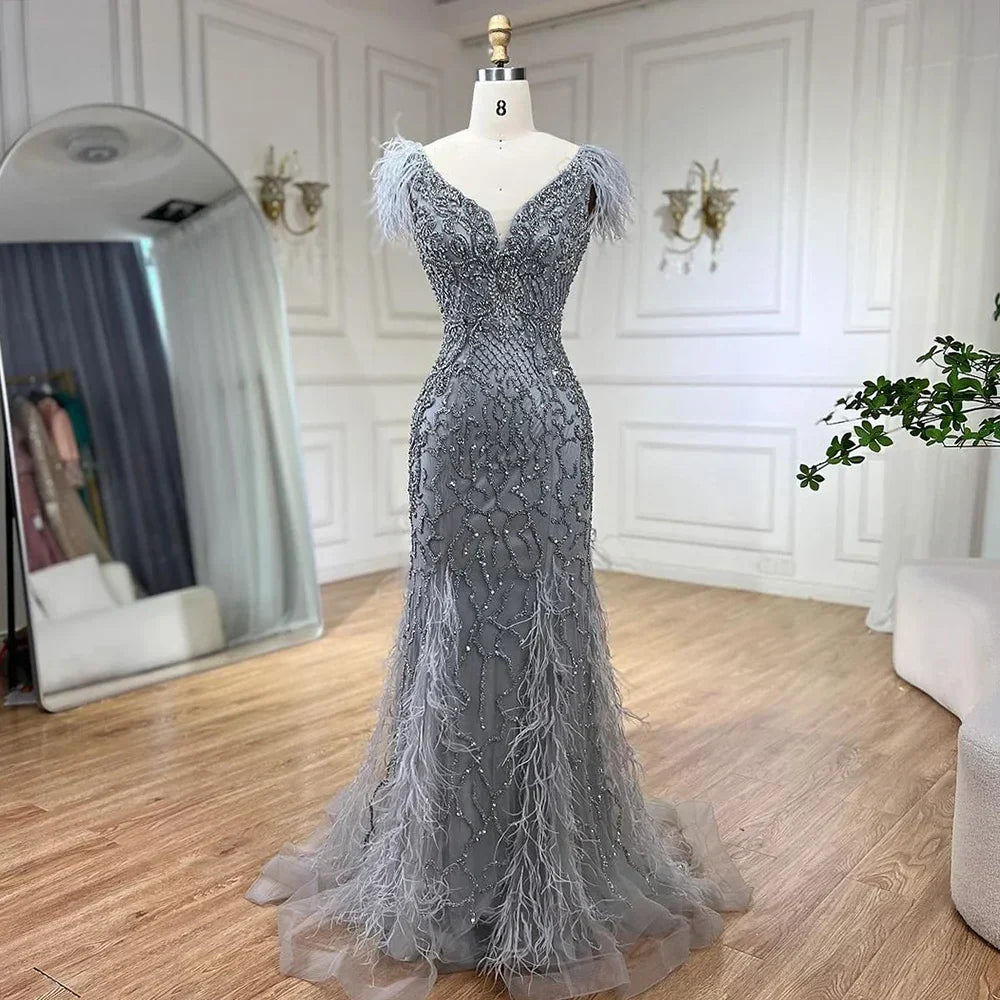 Champagne Mermaid Elegant Evening Dresses Diamond Feathers Sleeveless Formal Luxury Beaded 2025 LA70350