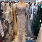 Champagne Mermaid Elegant Evening Dresses Diamond Feathers Sleeveless Formal Luxury Beaded 2025 LA70350