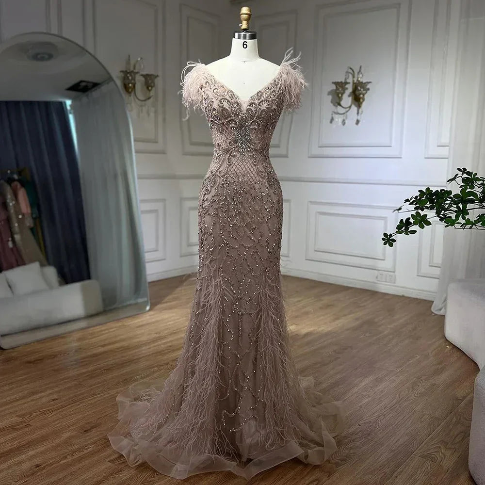 Champagne Mermaid Elegant Evening Dresses Diamond Feathers Sleeveless Formal Luxury Beaded 2025 LA70350