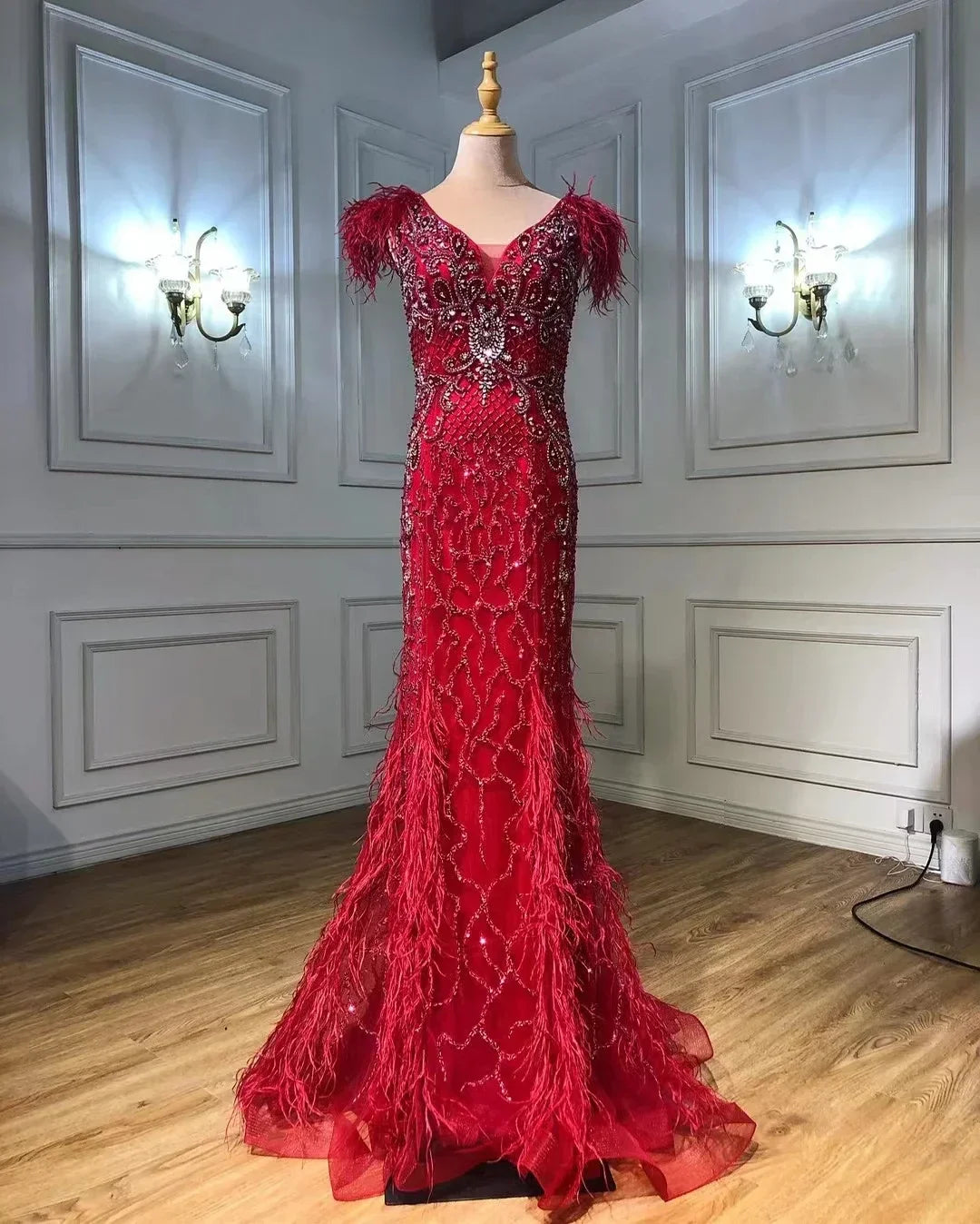Champagne Mermaid Elegant Evening Dresses Diamond Feathers Sleeveless Formal Luxury Beaded 2025 LA70350