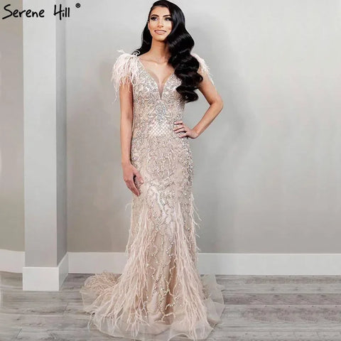 Champagne Mermaid Elegant Evening Dresses Diamond Feathers Sleeveless Formal Luxury Beaded 2025 LA70350