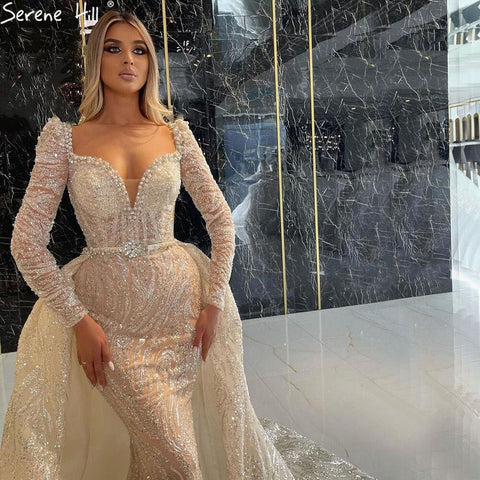 Champagne Mermaid Luxury Evening Dresses Gowns 2025 Elegant With Overskirt  For Women Party LA71404