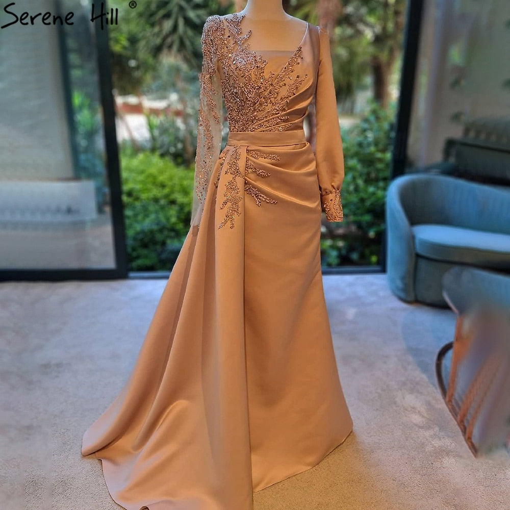 Champagne Mermaid Overskirt Evening Dresses Gowns 2025 Elegant Beaded Satin  For Women Party LA71430
