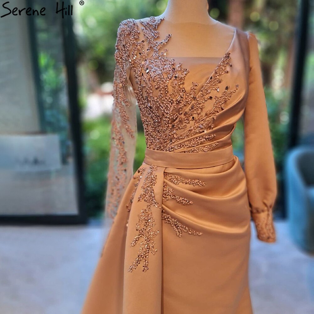 Champagne Mermaid Overskirt Evening Dresses Gowns 2025 Elegant Beaded Satin  For Women Party LA71430