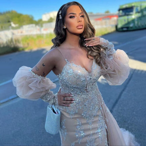 Champagne Mermaid Sexy Spaghetti Straps High Split Overskirt Evening Dresses Gowns Luxury Beaded 2025 LA71727